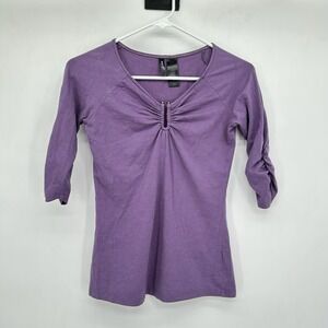 Y2K BISOU BISOU Purple Ruched V-Neck Top XS 3/4 Sleeve Fairycore Whimsygoth
